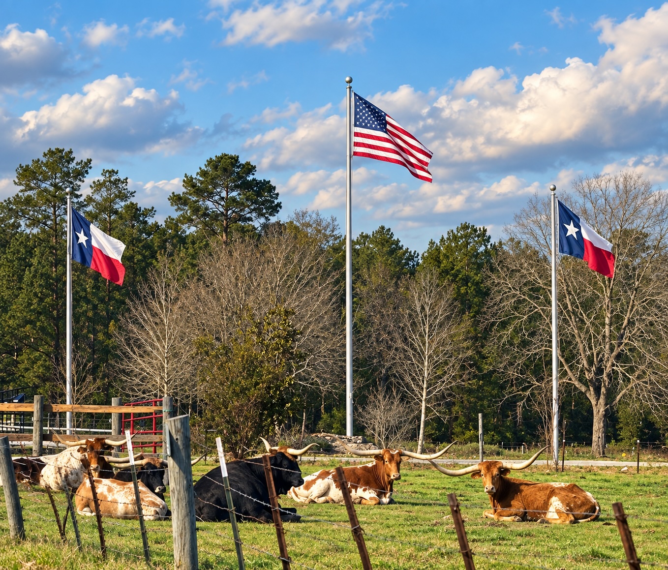 Texas longhorns and flags near Blue Pond Retreat in Montgomery, Texas